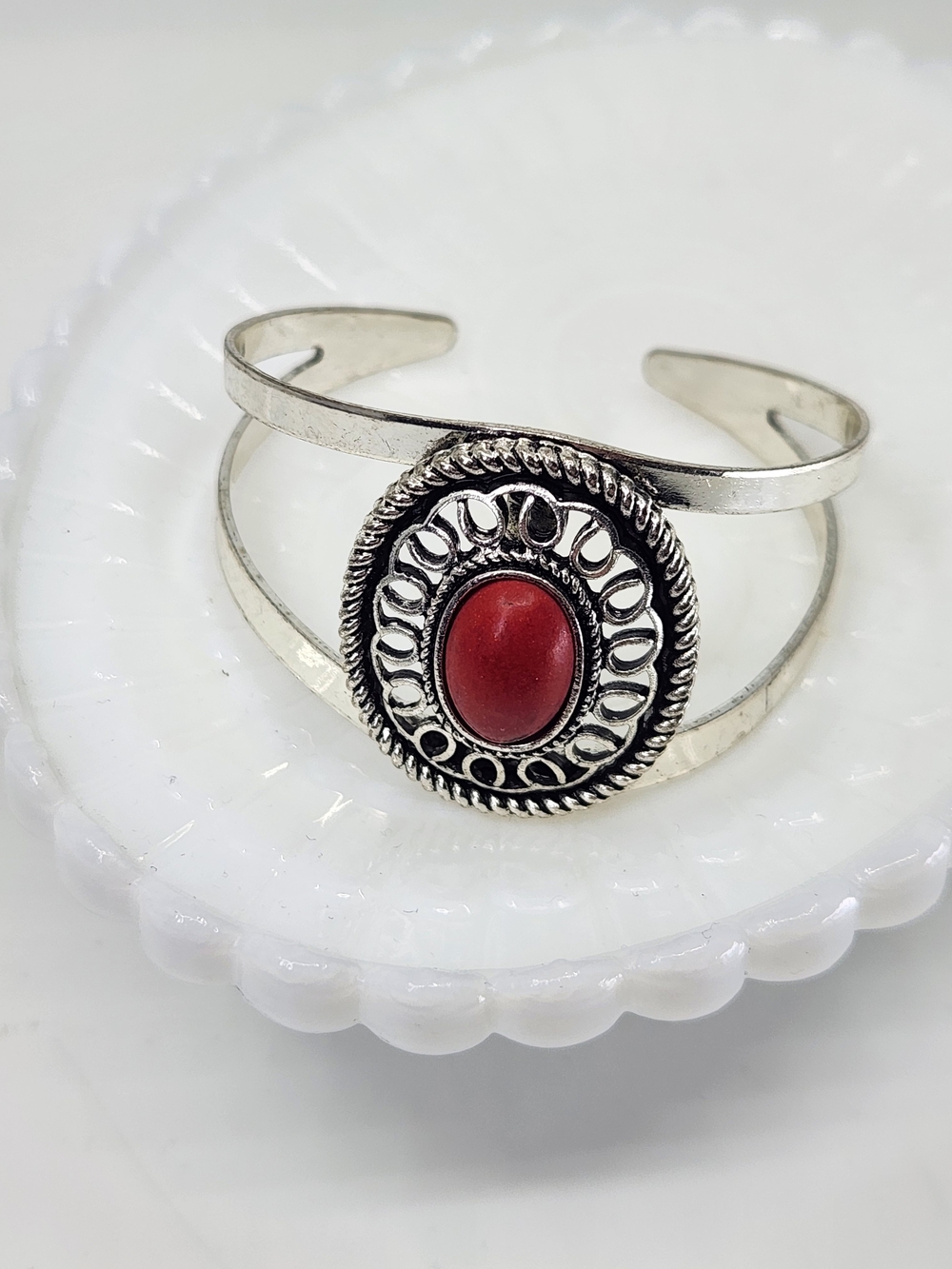 Red Stone Silver-Tone Cuff Bracelet -